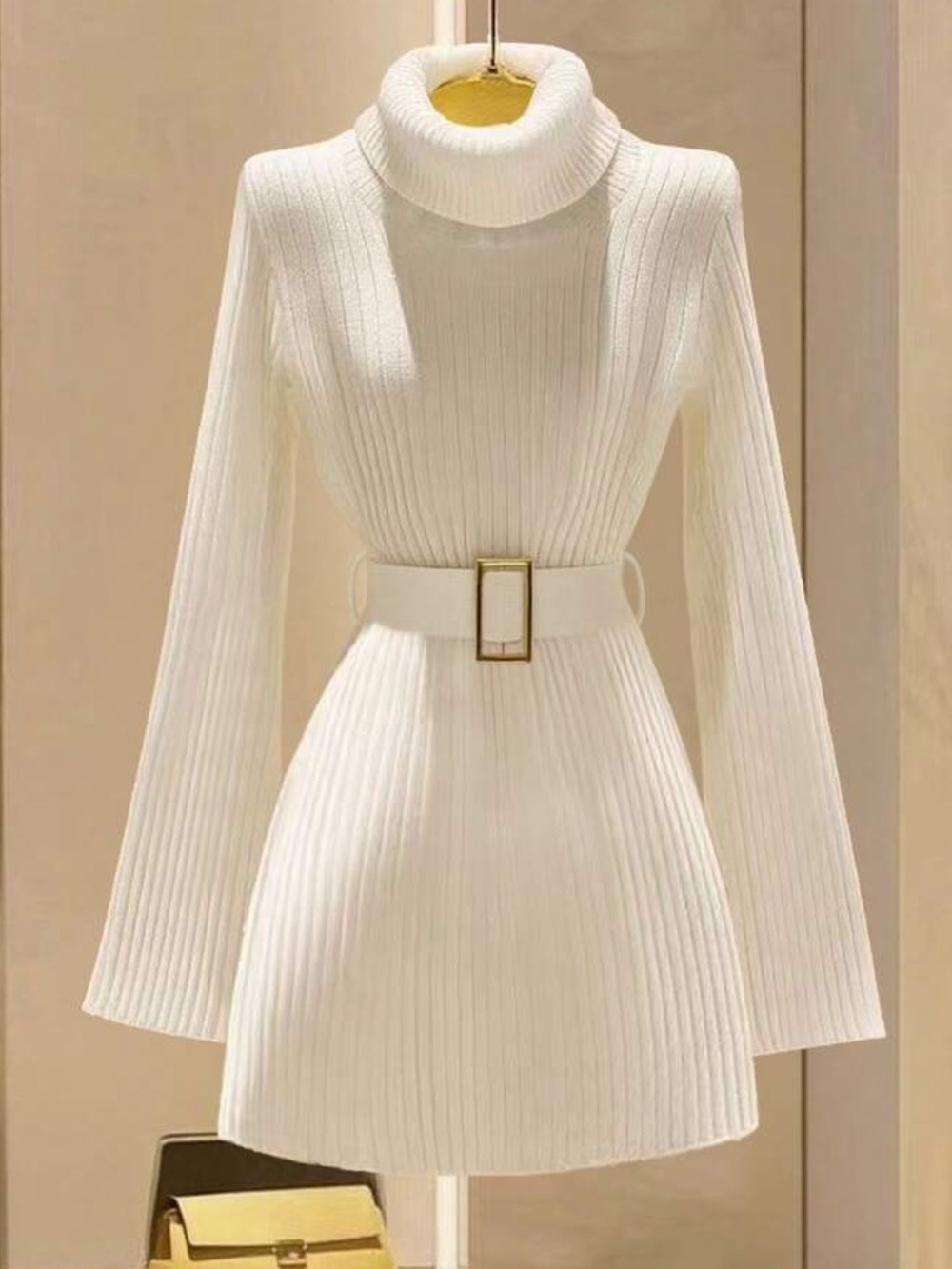 Off-White Elegant Autumn Sweater Dress For Women,High Collar Flare